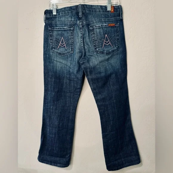 7 For All Mankind Jeans "A" Pocket Bootcut Dark Wash Denim Pink Stitch SZ 28 NEW - Picture 4 of 16
